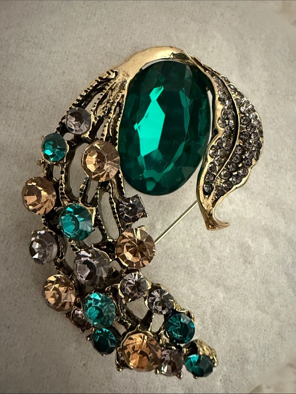 Gold-Tone Emerald Green & Multicolor Crystal Floral Brooch - Women Jewelry